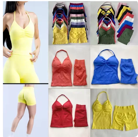 2 Pieces Women Yoga Set Seamless Longline Strappy Tank Top Scrunch Sports Shorts Gym Clothes Woman Summer Workout Outfit
