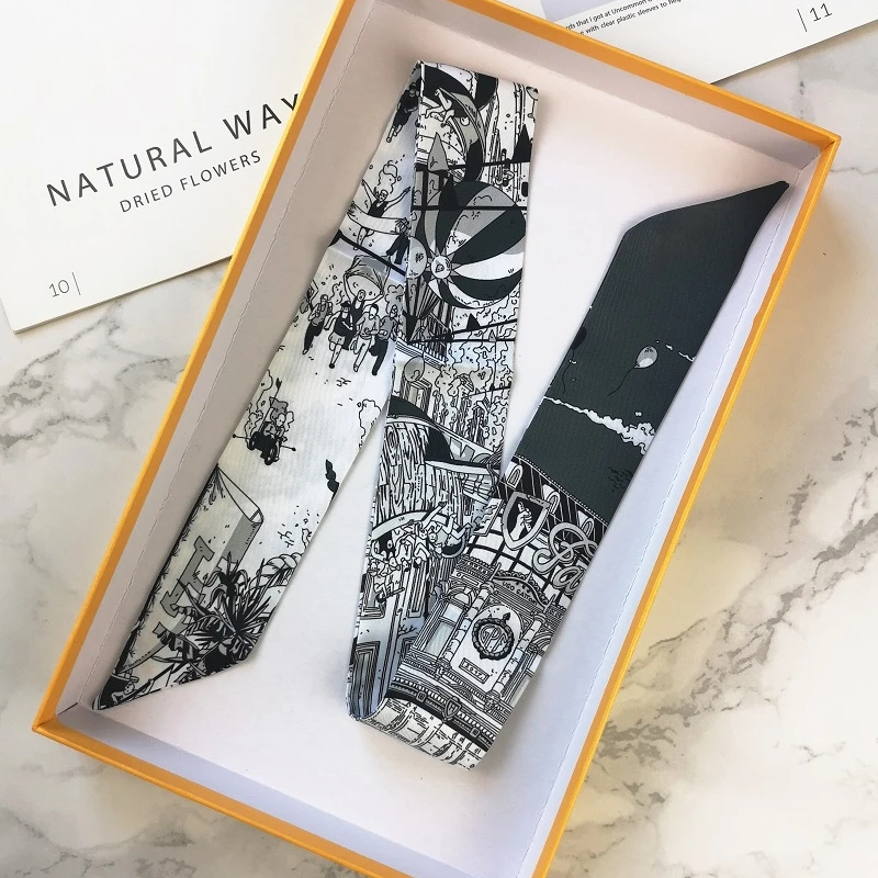 FranceSpring Versatile Fashion Eiffel Tower Ladies Leisure Decoration Twill Long Strip Streamer Silk Scarf Tie Bind a Bag Ribbon 3