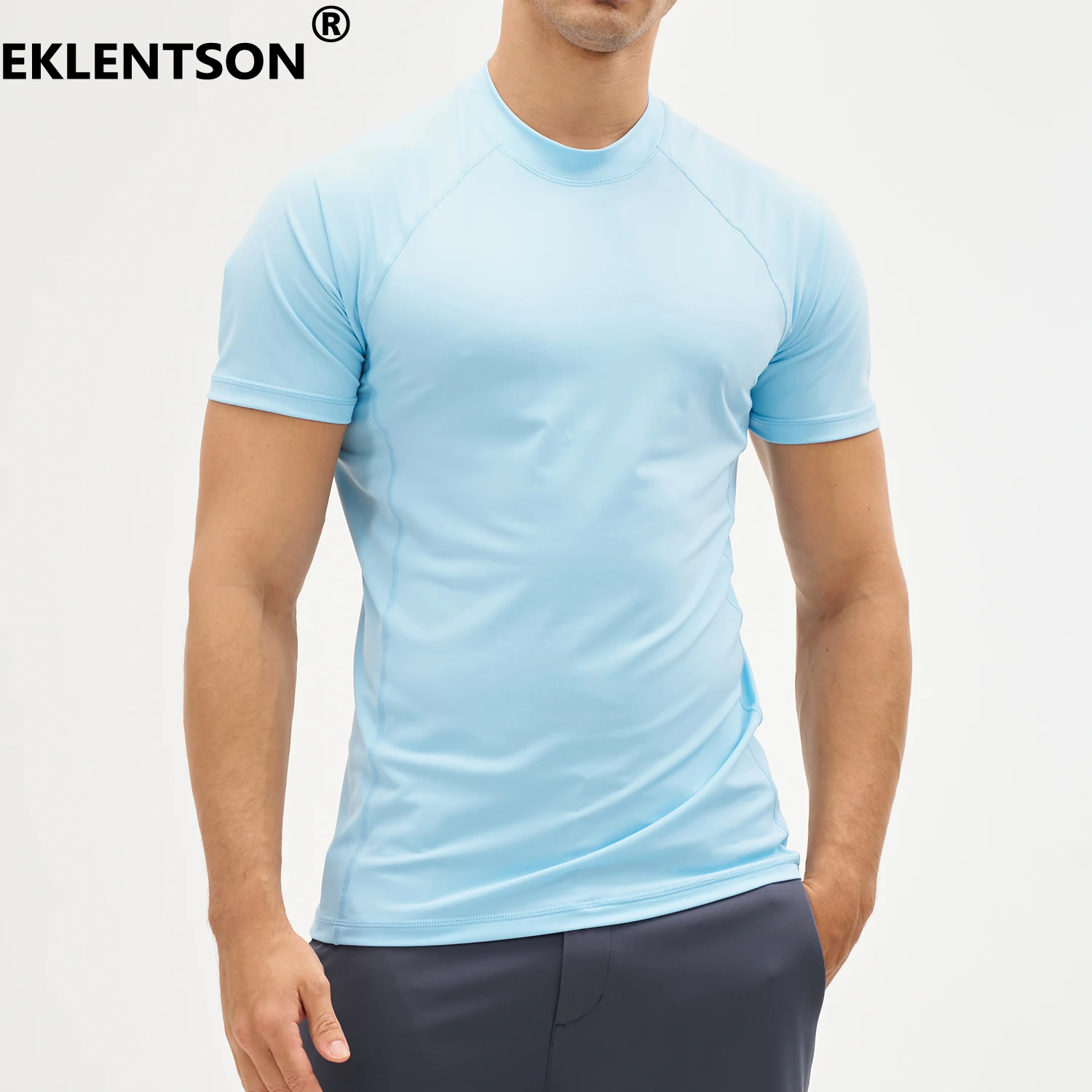 EKLENSON Men's Rashguard Swim Shirt Short Sleeve Mock Neck UPF 50+ T Shirts Loop Hem Quick Dry Loose Fit Water Surfing Shirt