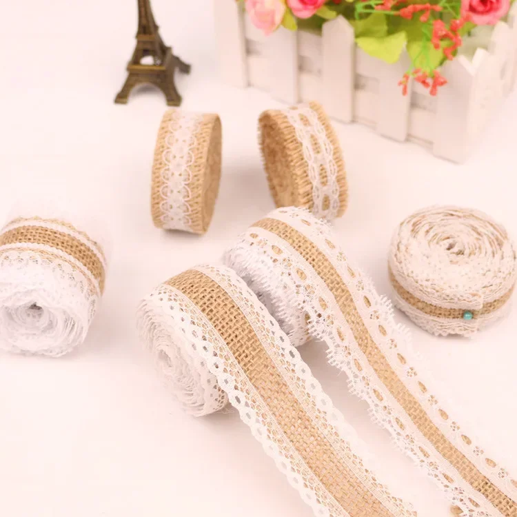 

Jute Hessian Burlap Ribbon Roll 2M Natural Wreath with White Lace for Gift Wrapping Strap Wedding Party Home Decor