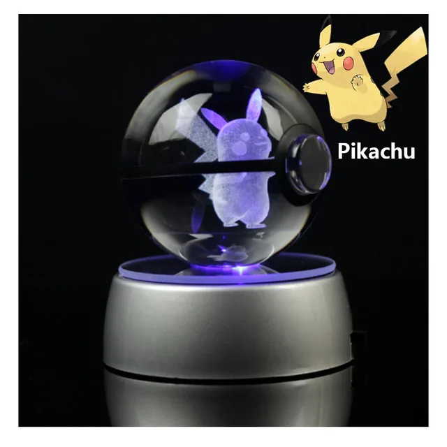Anime Pokemon Pikachu 3D Crystal Ball Pokeball Anime Figures Engraving Crystal Model with LED Light Base Kids Toy ANIME GIFT