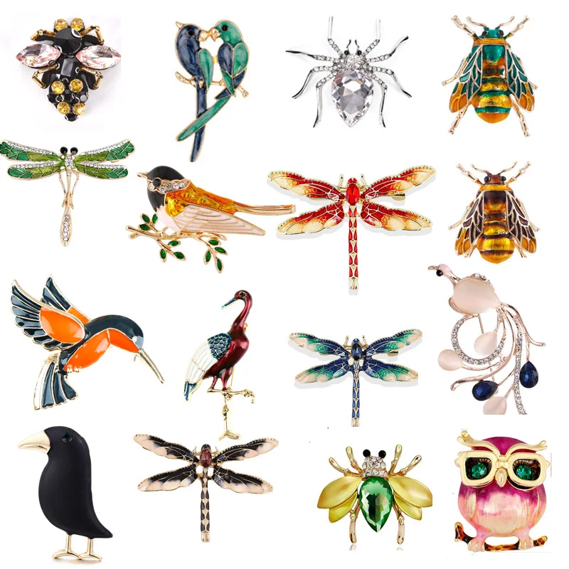 Natural Animals Jewelry Brooch Pins Bee Dragonfly Insect Parrot Bird Beetle Brooches For Women Costume Brooch Pins Gift