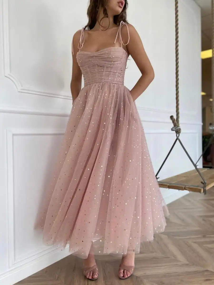 

Pink Prom Dresses Graduation Dresses Sequined Sparkly Pleats Spaghetti Strap A Line Ankle Length Formal Party Evening Gowns