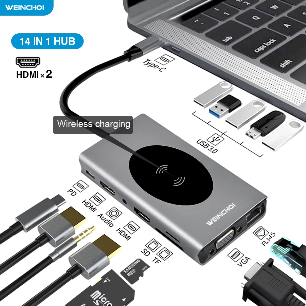 Station d'accueil USB C pour ordinateur portable, HDMI VGA USB PD LAN RJ45  SD airies adaptateur pour ordinateur portable Macbook HP DELL XPS Surface  Lenovo ThinkPad S6 - AliExpress