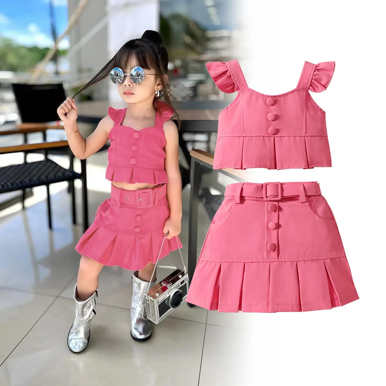

New 2024 Summer Girls Clothing Sets Sleeveless Solid Crop Tops + Pleated Skirt with Belt Children's Casual Clothes For 2-6 Years