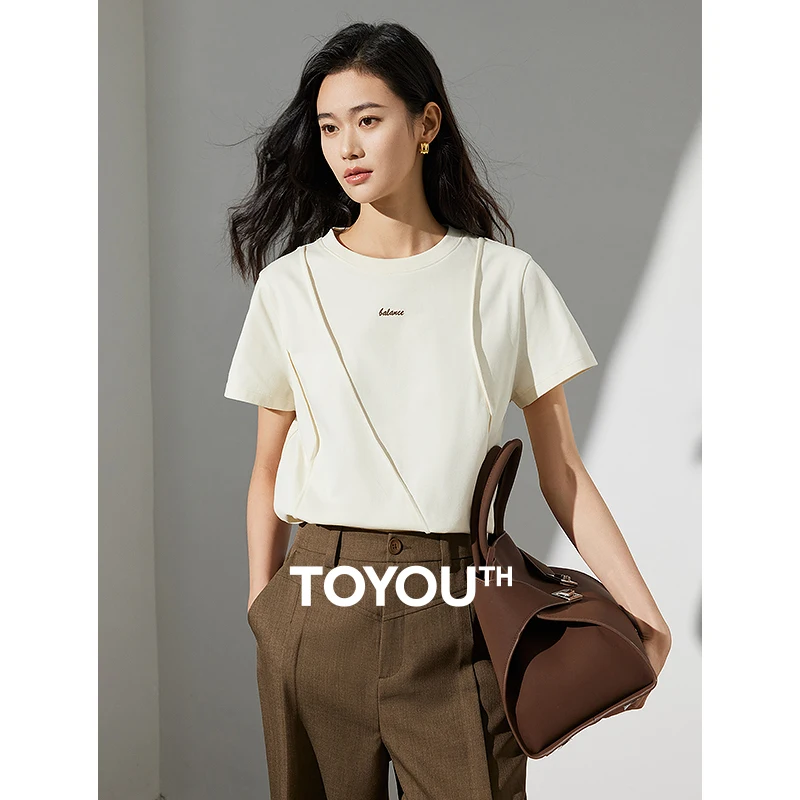 TOYOUTH Women Line Structural Sense T-shirt Summer Round Neck Casual Cotton Top women t shirts