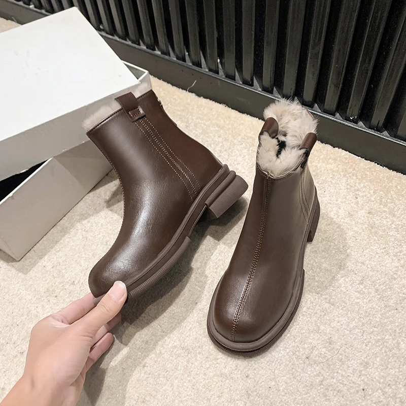 2024 New Trend Warm Chelsea Boots Mid Heel Zipper Plush Women's Shoes Casual High Heels Non-Slip Thick Heels Single Shoes