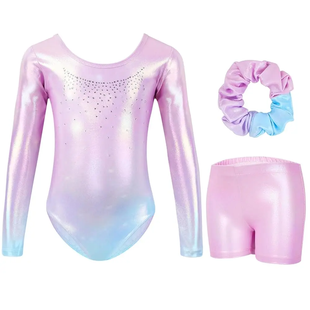 NEW Leotards for Girls Gymnastics Long Sleeve Sparkly Dance Biketards with Shorts Ballet Tumbling Outfit for 3-12 Years