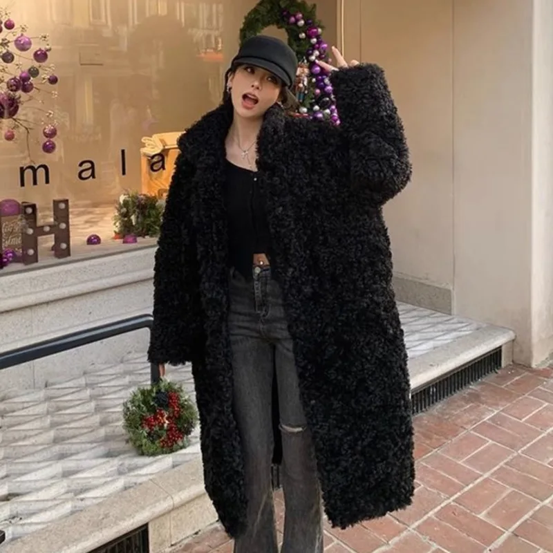 Autumn Winter Lamb Wool Medium Long Coat Fluffy Faux Fur Overcoat Women Elegant Thick Warm Faux Fur Jacket Female 2023 Loose Top