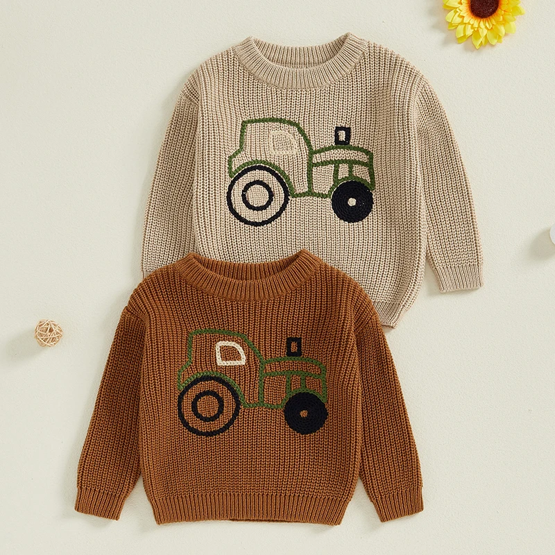 -07-09 Lioraitiin Autumn Girls Boys Knit Sweater Long Sleeve O Neck Truck Embroidery Pullover Knitwear
