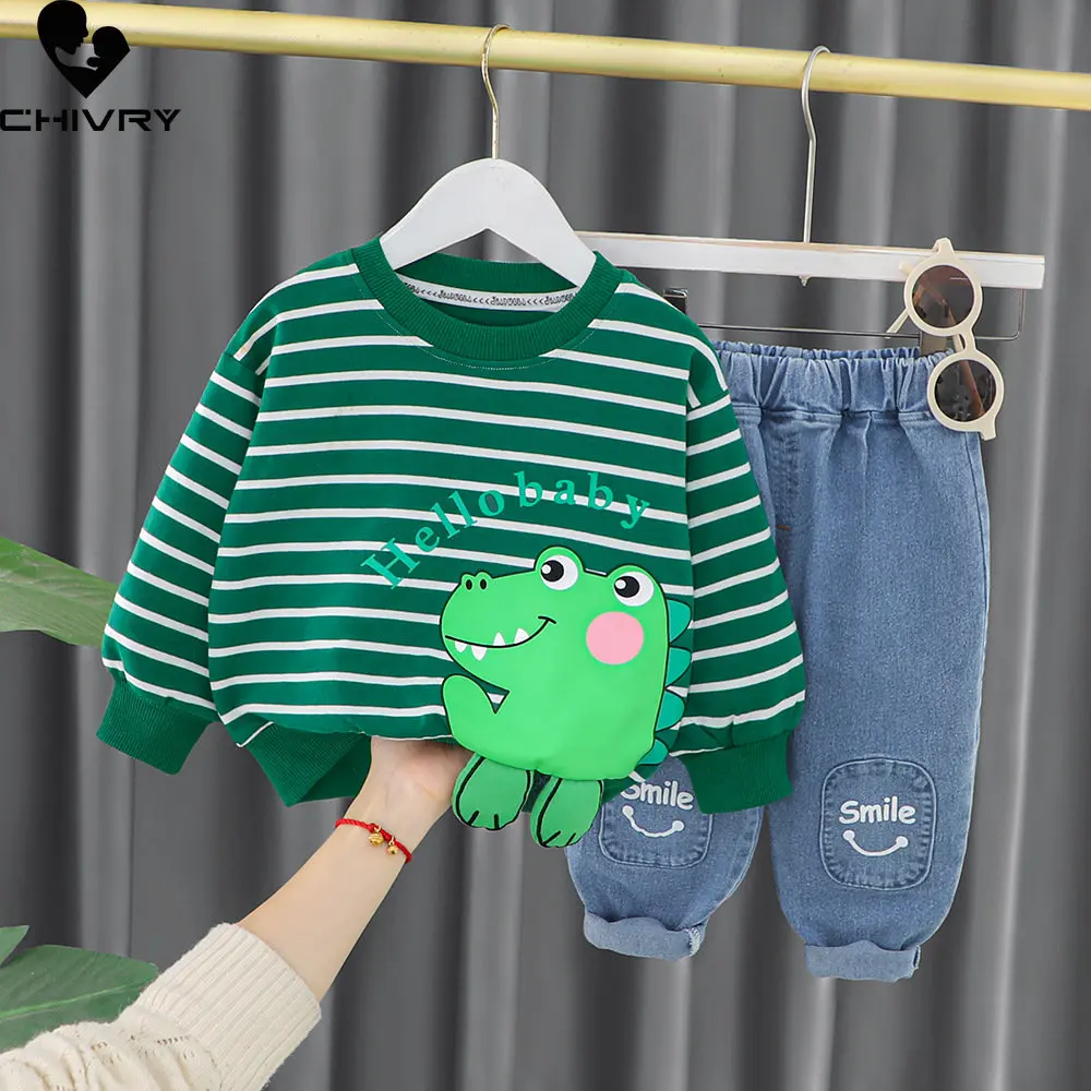 

Boys Girls Clothing Sets New 2023 Baby Boy Spring Cartoon Animal Striped O-Neck Sweatshirt Tops with Denim Pants Kids Clothes