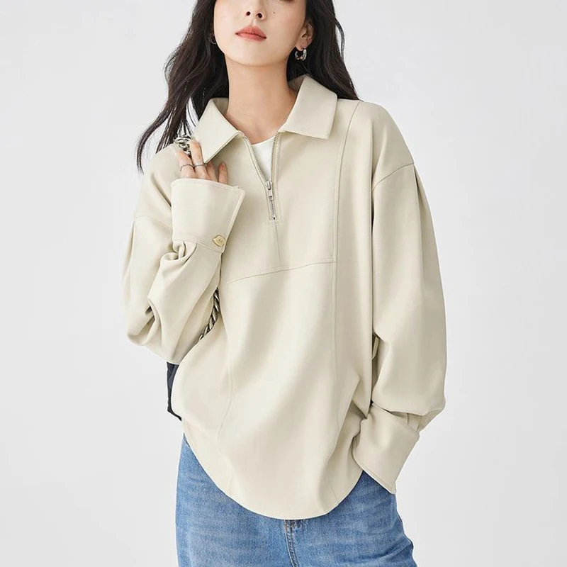 Spring Autumn Polo-neck Loose Casual Patchwork Sweatshirt Ladies Solid Color Simple Fashion All-match Zipper Pullover Top Women