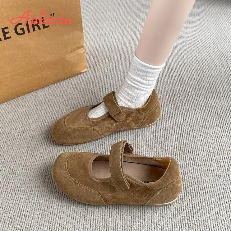 Aphixta New Flat with Mary Janes High Quality Cow Suede Flats Hook Loop Flat Shoes Women Shallow Concise Round Toe Ladies Shoes