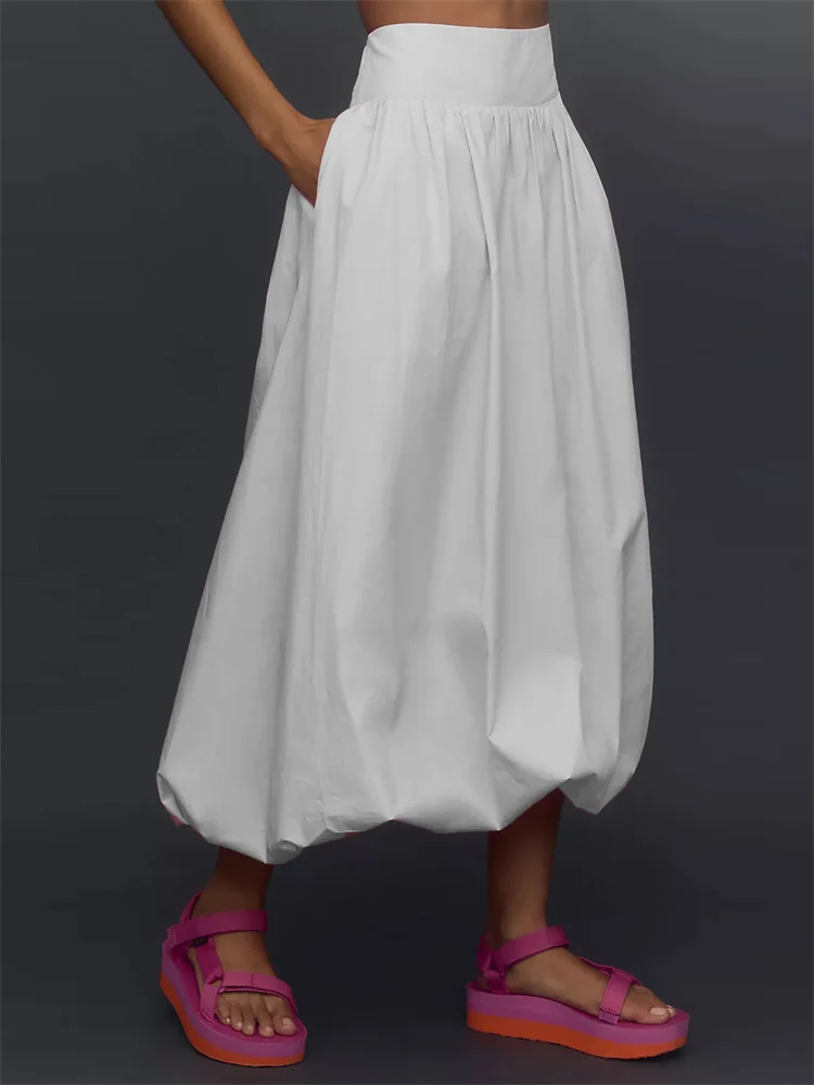 CHRONSTYLE Women Long Maxi Skirts Casual Loose Fit Elastic Waist Solid Color Ruched Pleated Skirts for Summer Spring Streetwear