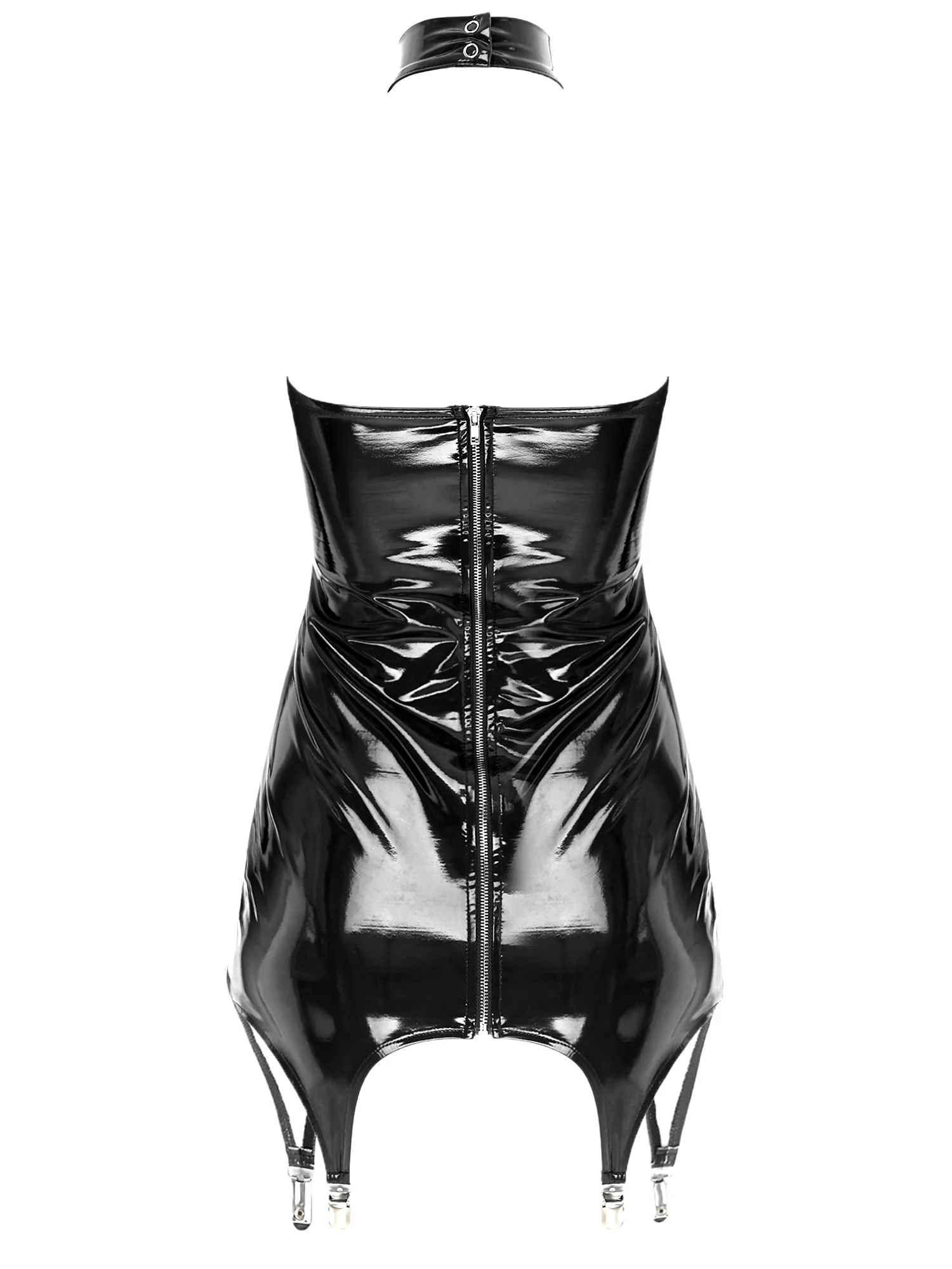 #S-5XL Womens Wet Look Patent Leather Bodycon Dress with Garter Clips Halter Rave Party Mini Lingerie Dress Night Clubwear