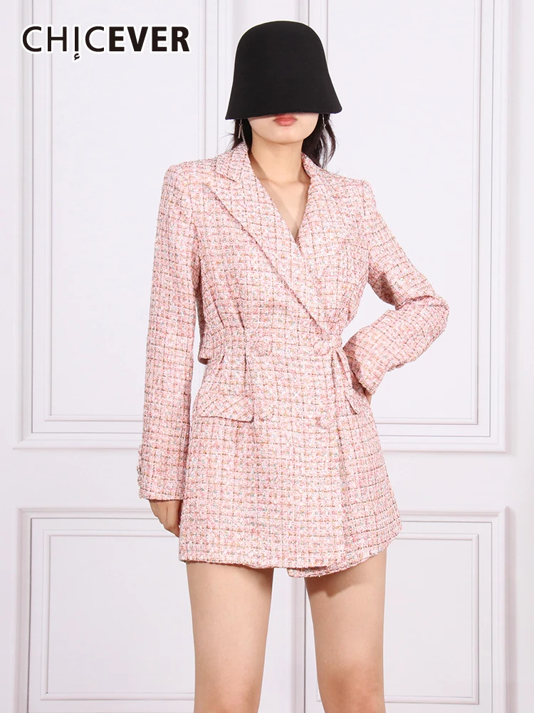 

CHICEVER Elegant Temperament Dresses For Women Notched Collar Long Sleeve High Waist Plaid Cut Out Slimming Dress Female 2023