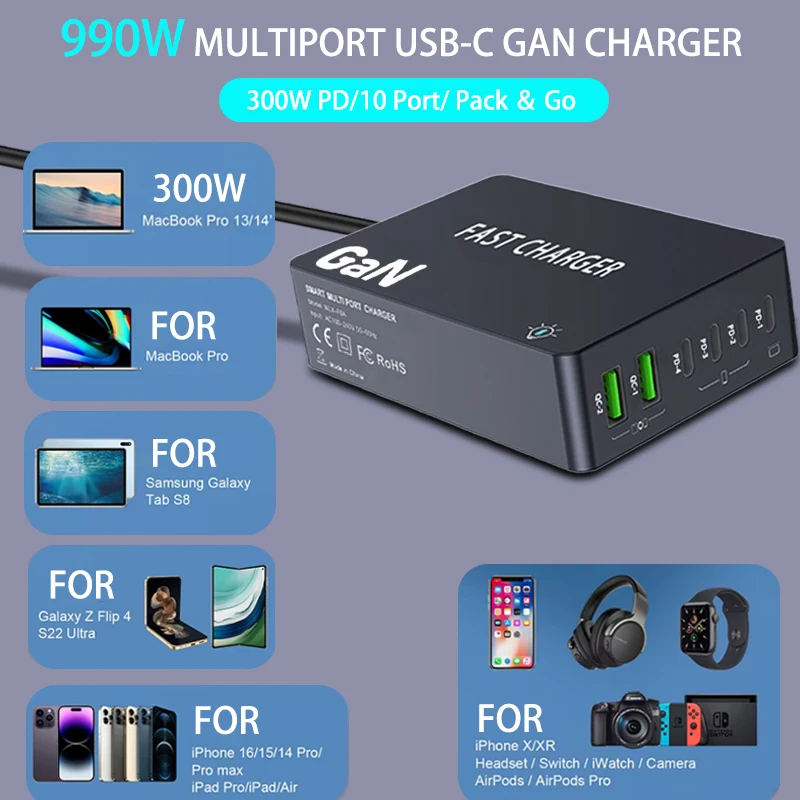 990W USB C GaN Charger 300W PD 3.3 PPS QC4.0 Multiport Fast Charging Station For Laptop iPhone 15 16 Samsung Macbook Pro Tablet