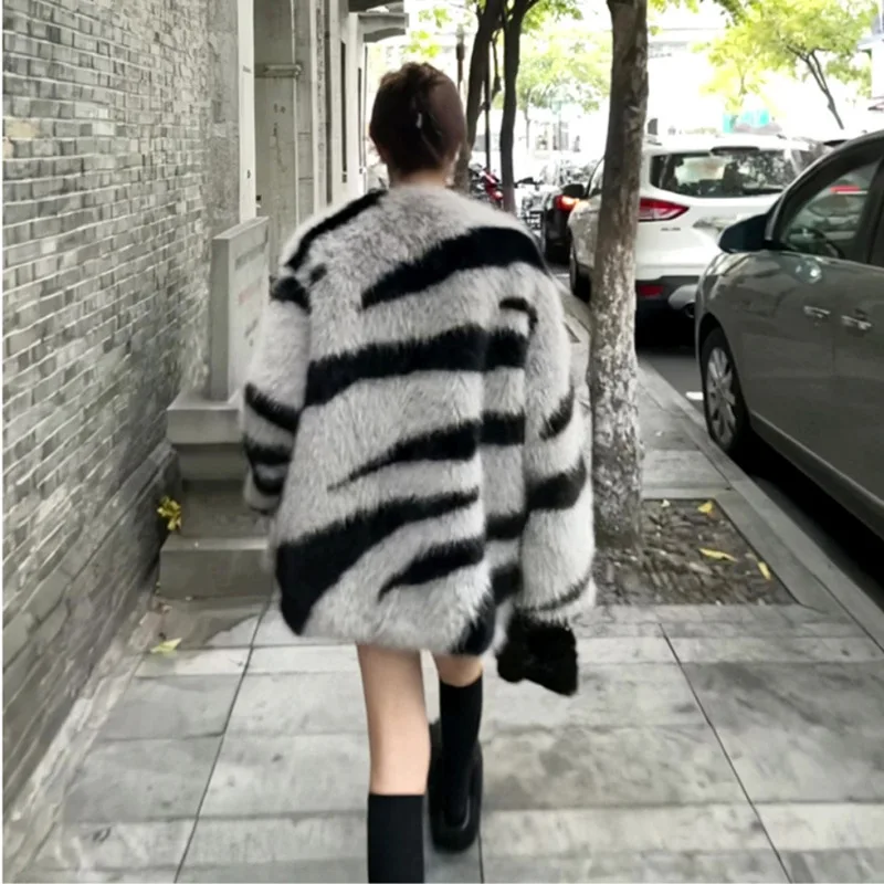 Winter Vintage Thick Warm Faux Fur Coat Women Fluffy Jacket Zebra Print Fur Coat Plus Size Korean Fashion Cardigan Outerwear Top