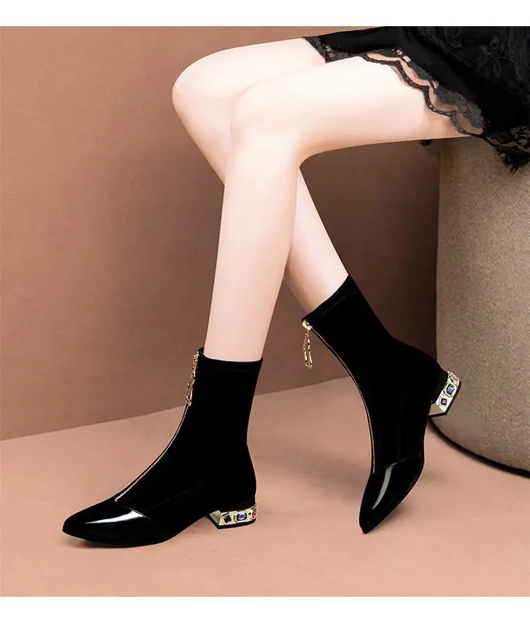 Shiny Sequin Ankle Boots For Women Pointed Square Heel Winter Shoes_voghion.com