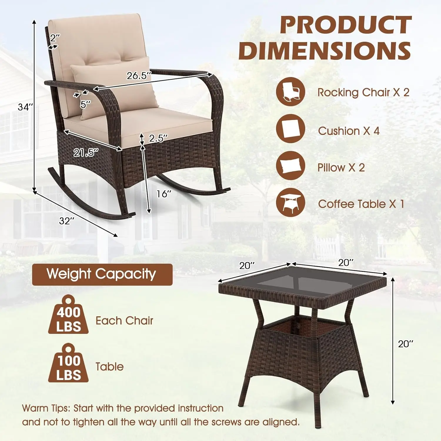 3 Pieces Patio Furniture Set, Outdoor Wicker Rocking Chairs with Cushions, Pillows, Glass Coffee Table, Rattan Bistro Rocker Set