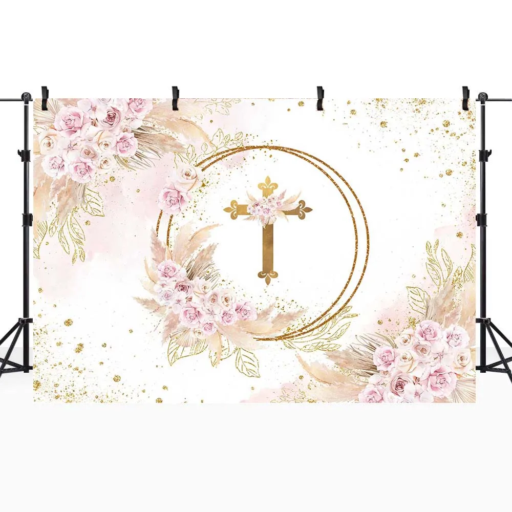 Mocsicka Baby Baptism Backdrop Golden Circle Cross Newborn Christening Party Decorations Pampas Grass Flowers Photo Background photo backdrop,party decoration covers,photography auxiliary props