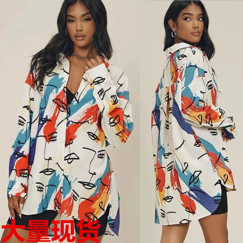 

Fashion Printed Shirt Women's Dress New Spring/Summer 2023 Loose Relaxed Mid length Long Sleeve Shirt