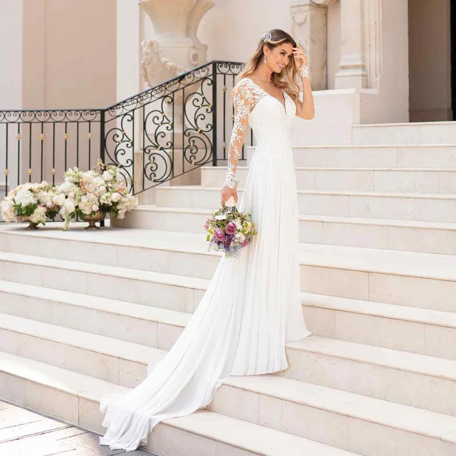 Customized A Line Wedding Dresses Long Sleeves Appliques Tulle Bridal Gowns Court Train Formal Vestido De Noiva robe mariage 2