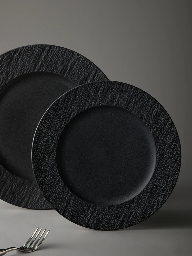 European Style Black Ceramic Dinner Plate Western Food Steak Plates Round Cooking Dishes Hotel Restaurant Tableware Set