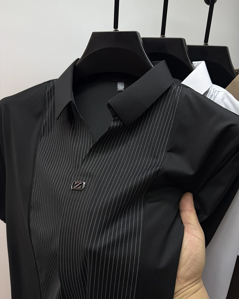 Personality striped patchwork short sleeve men polo shirt fashion brand letter embossed summer ice silk breathable trend T-shirt 13 S158adc8358e546c0a14c7efa06f540e1I