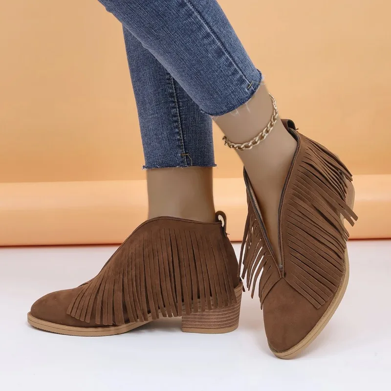 

Retro Tassel Pointed Toed Women's Boots 2023 Winter New Fashion Western Cowboy Ankle Boots Women Slip on Square Heels Cow Shoes