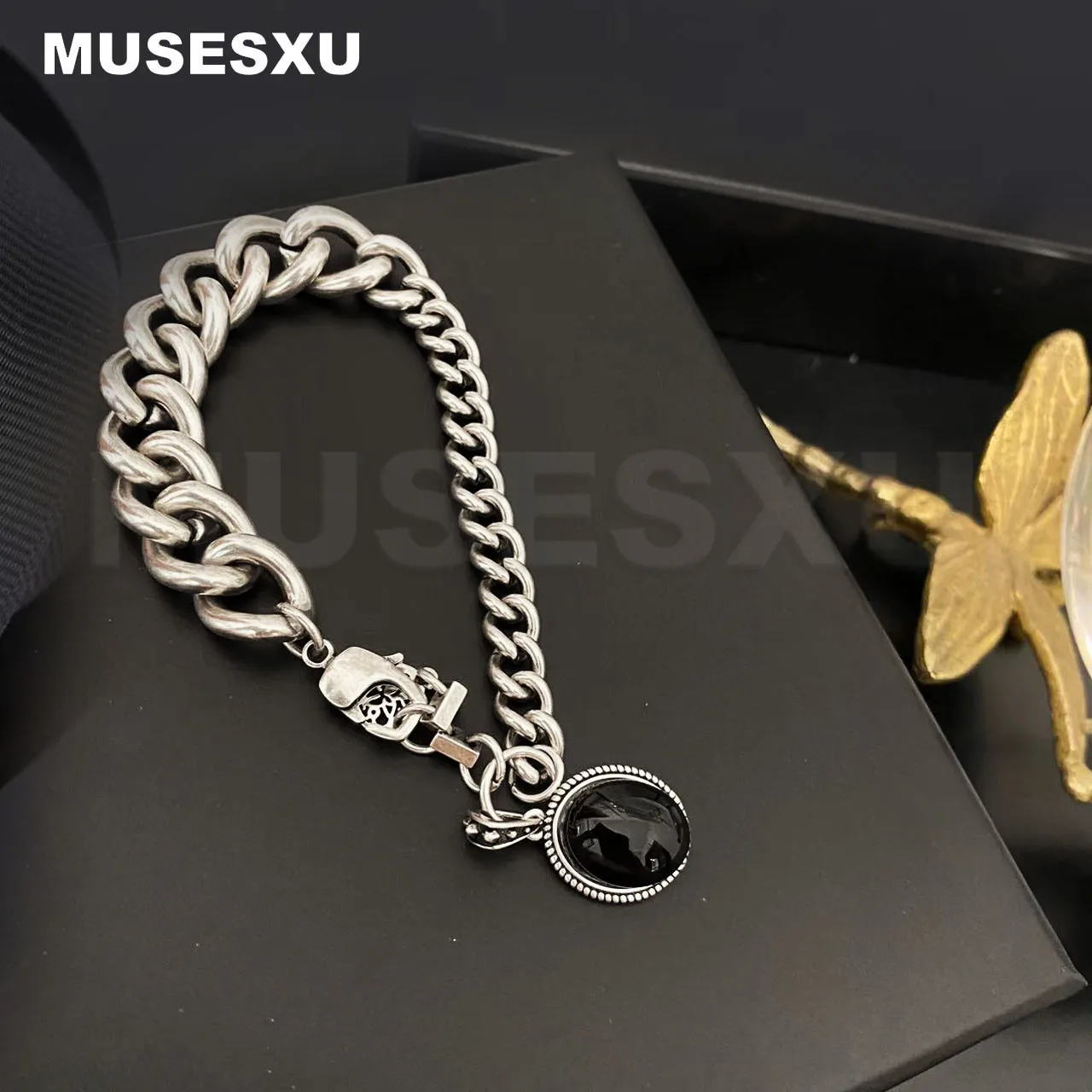 

Black Zircon & Silver Skull Asymmetric Thick And Thin Bracelet For Women's & Men's Party Wedding Jewellery Gifts