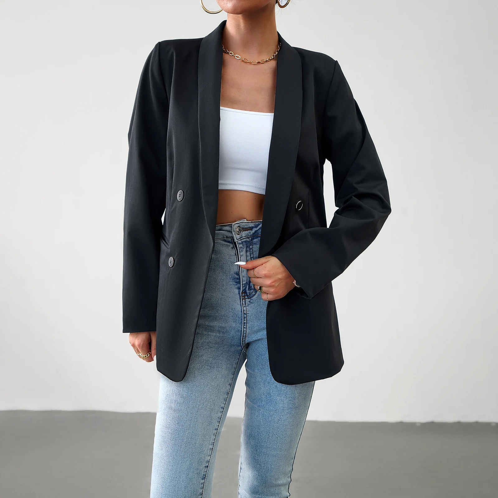  Women Blazer Tops Coat Women's Commuting Double Breasted Suit Outerwear  Long Sleeve Officewear Fashion Simple Blazer