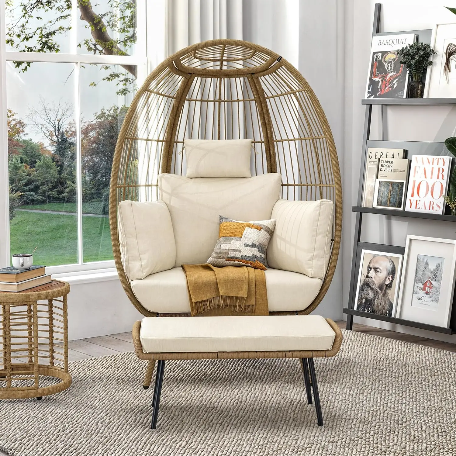 

Wicker Egg Chair with Ottoman, Outdoor Egg Shaped Chair for Indoor, Capacity Basket Chair with Cushions