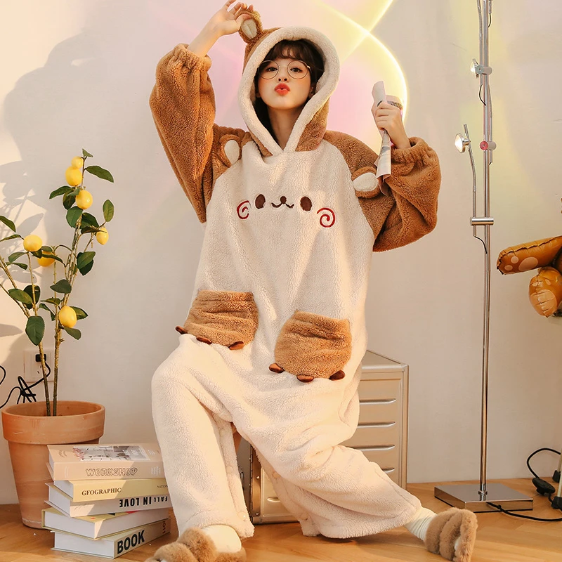

Kigurumis Winter Women Onesie Sleepwear Cartoon Cute Bear Pijama Mujer Thicken Hoodie Girls' Pajamas Coral Fleece Pijama Femme