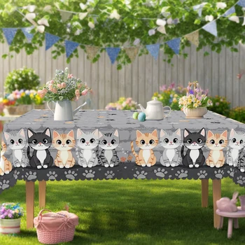 1 pièce de nappe rectangulaire grise rétro imprimé chat mignon, chat de printemps, patte de chat, nappe ronde à motif de pierre, décoration de fête, couverture de table de cuisine à domicile, utilisation intérieure et extérieure, décoration familiale, cadeau pour la famille et les amis 1