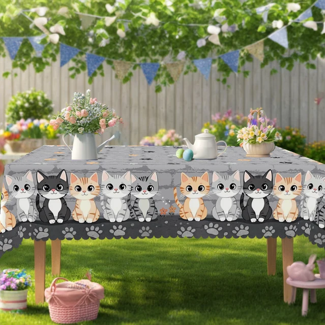1 pièce de nappe rectangulaire grise rétro imprimé chat mignon, chat de printemps, patte de chat, nappe ronde à motif de pierre, décoration de fête, couverture de table de cuisine à domicile, utilisation intérieure et extérieure, décoration familiale, cadeau pour la famille et les amis 1