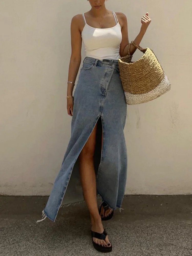

2023 Spring Summer Women High Waist Vintage Solid A-Line Maxi Denim Skirt With Slit Women