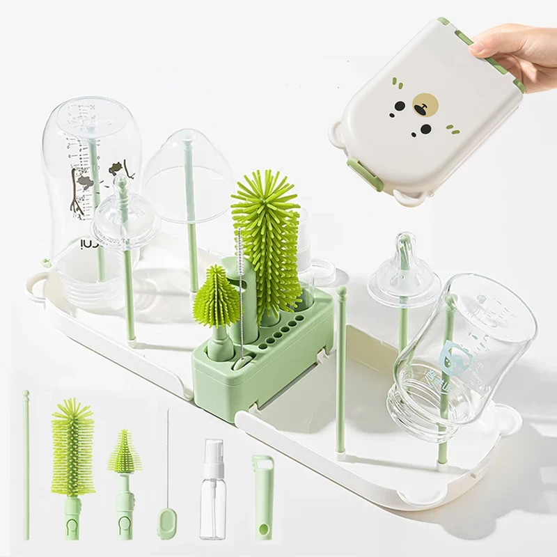 Portable Baby Bottle Cleaner Cleaning Brush With Drying Rack Travel Baby Bottle Cleaning No BAP Silicone Brush Head