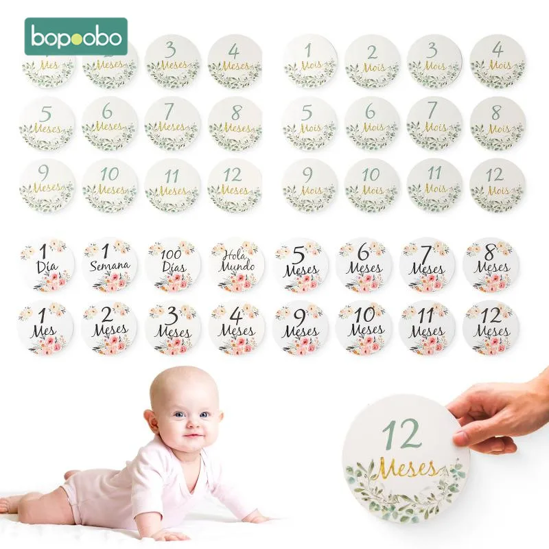 Wooden Milestone Cards Newborn Photography Props 1Set 0-12 Month Newborn Month Milestone Card Spanish France Language Paper Milestone Cards Baby Photography Props Birthday Gifts