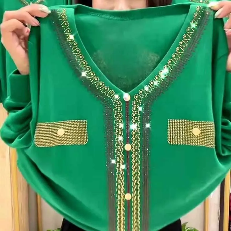 

Elegant V-Neck Solid Color Diamonds Blouses Women's Clothing 2023 Autumn Loose All-match Pullovers Office Lady Shirts