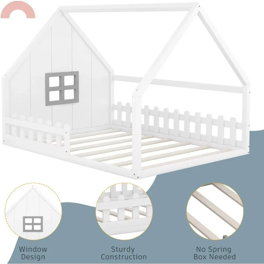 Full Size House Bed for Kids,LED Light Toddler Floor Bed with Fence and Window, Toddler Bed Frame for Girls Boys Kids 6