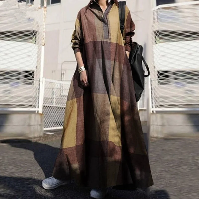 Fashion Abaya Femme Casual Plaid Cotton Linen Abayas for Women Vintage Printed Loose Long Sleeves Swing Islam Women's Dress