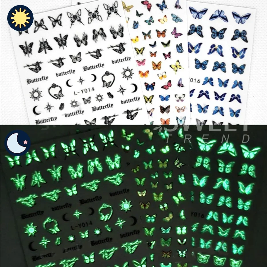9pcs Glow In The Dark Butterfly Nail Art Stickers Luminous Moon Star Design Halloween Y2K Adhesive Sliders Charm Manicure Decals