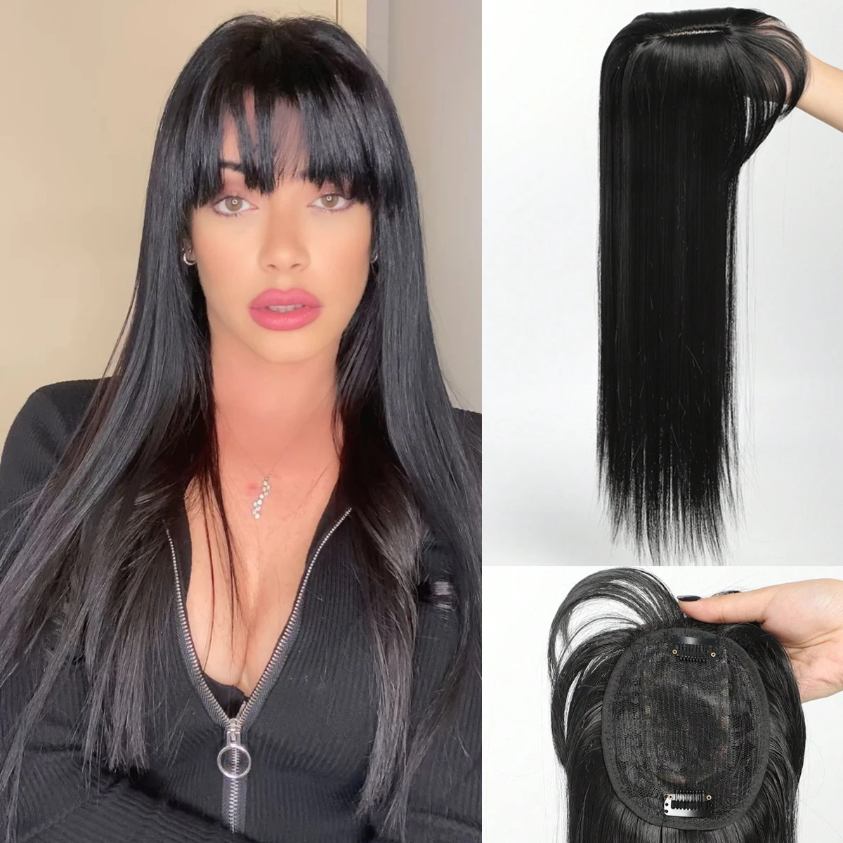 

Synthetic Long Straight Hair Toppers Black Hairs Topper Wig with Bangs Clip Piece in Hair Extension for Women with Thinning Hair