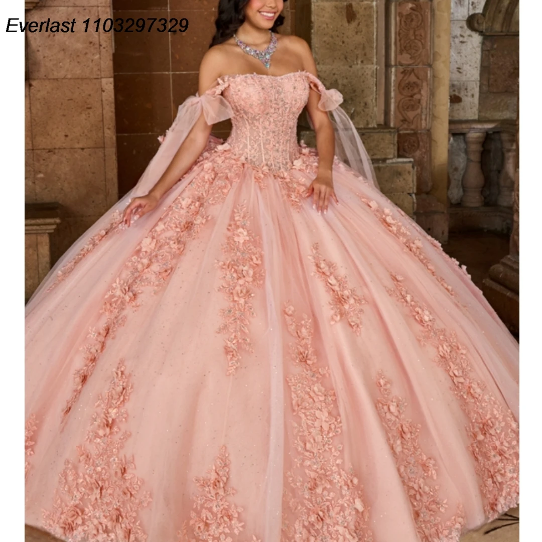 EVLAST Glitter Pink Quinceanera Dress Ball Gown 3D Floral Applique Beading Crystal Bow Corset Sweet 16 Vestido De 15 Anos TQD446