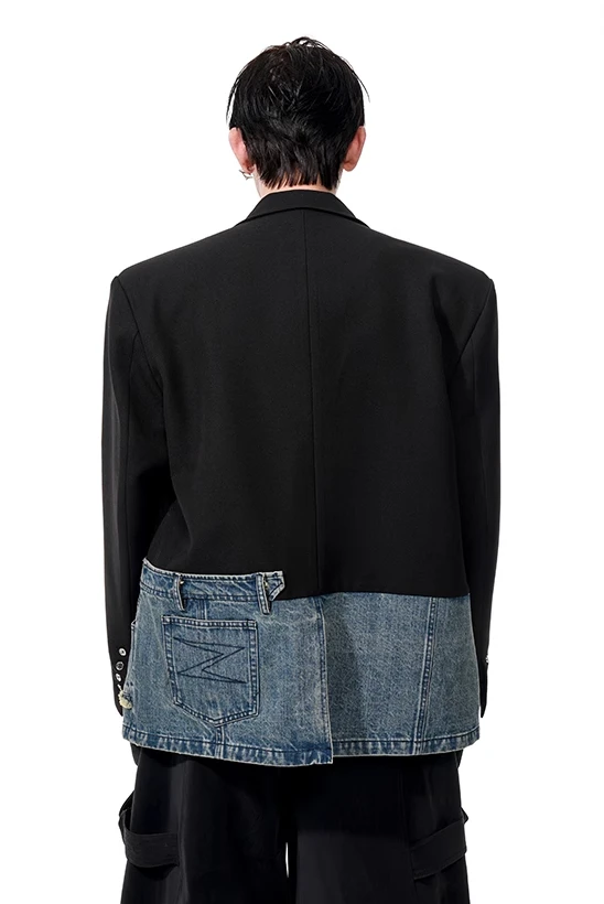 Male Niche Design Tailored Coats Personality Faux Two-piece Spliced Denim Blazers Male Handsome Long-sleeve Suit Jackets