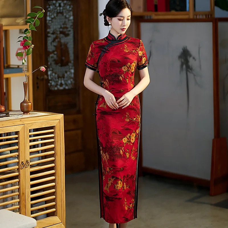

Red Cheongsam Traditional Slim Qipao 2023 Summer Fashion Short-sleeved Evening Dress Chinese Style Wedding Dress Woman Modern