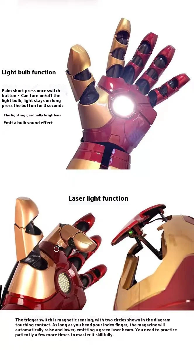 Iron Man Mark 42 dual arm set showcasing both left and right gauntlets with glowing LED effects and laser capabilities