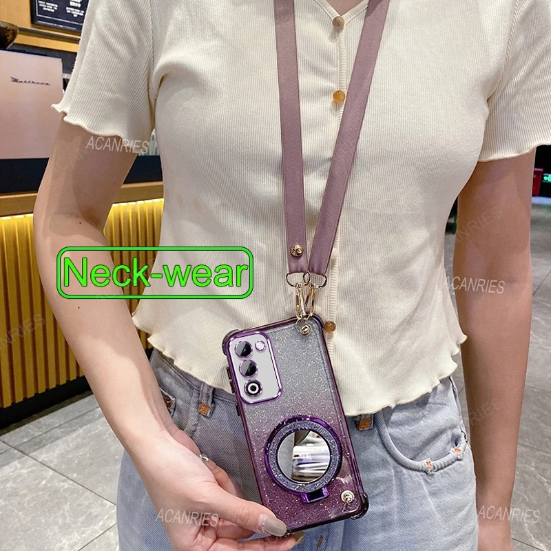 Crossbody Lanyard Anti-Shock Case with Makeup Mirror Stand Cover