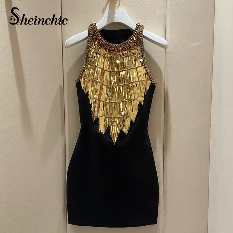 

Handmade Sequin Beading Dress for Women 2023 Spring Summer Elegant Sleevelessa-line Mini Party Dresses Black Vestido Feminino
